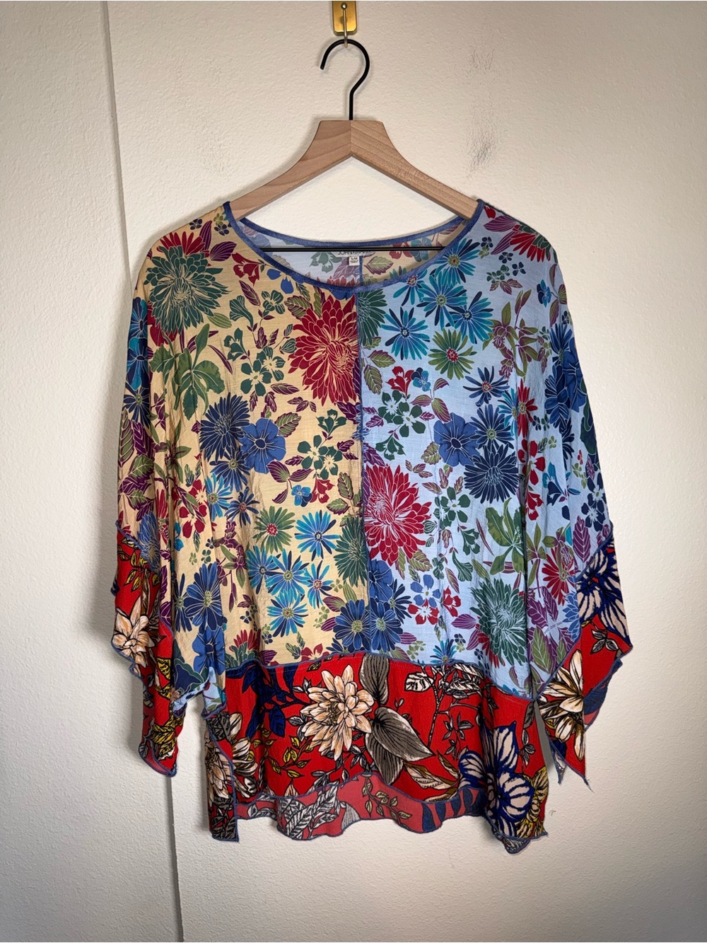 JOHN MARK Floral Cottagecore lightweight oversized flowy patchwork blouse M